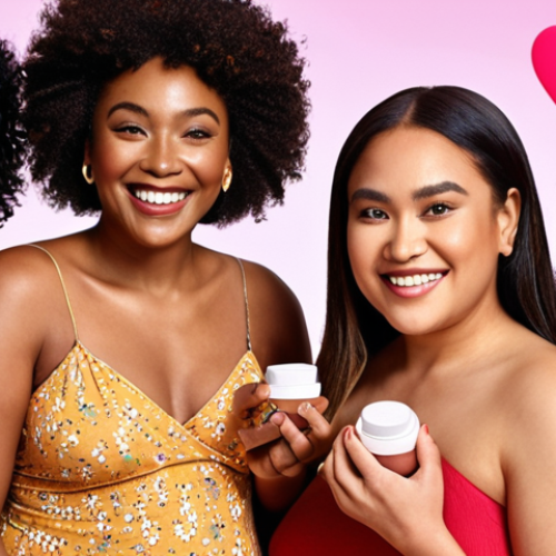 **Prompt:** A diverse group of women of different ages, ethnicities, and body types are smiling confidently while holding various beauty products. The background showcases a vibrant and inclusive beauty campaign advertisement, emphasizing representation and self-love. Keywords: inclusive beauty, diversity, representation, self-esteem, beauty campaign.