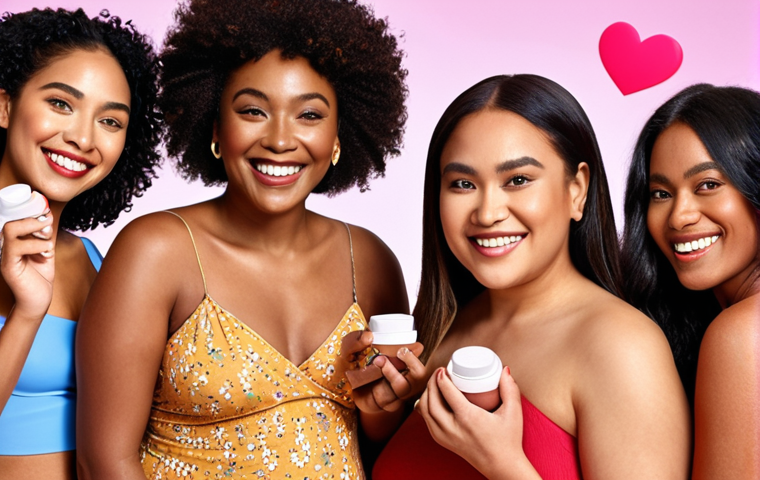**Prompt:** A diverse group of women of different ages, ethnicities, and body types are smiling confidently while holding various beauty products. The background showcases a vibrant and inclusive beauty campaign advertisement, emphasizing representation and self-love. Keywords: inclusive beauty, diversity, representation, self-esteem, beauty campaign.
