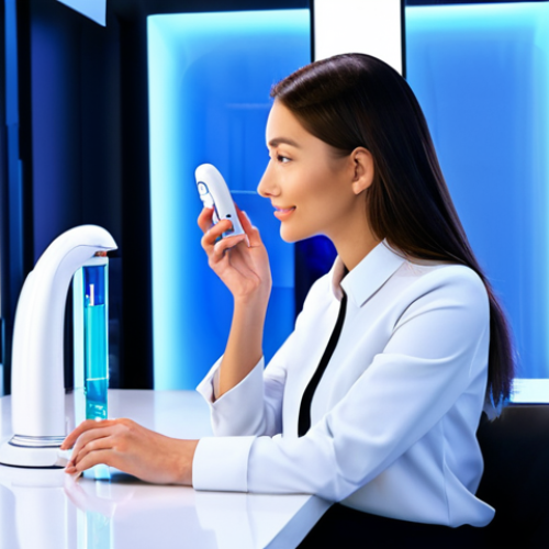 A professional woman, fully clothed in a modest business casual outfit, interacts with a futuristic AI skin analysis device at a personalized beauty counter. Her face is gently illuminated by a soft, advanced scanner, while a small, elegant robotic arm in the background precisely dispenses a custom-formulated product into a sleek bottle. The environment is a clean, modern beauty tech lab with glowing screens and ambient lighting, emphasizing precision and innovation. The overall image conveys a sense of cutting-edge technology enhancing personal care. Safe for work, appropriate content, fully clothed, professional, family-friendly, perfect anatomy, correct proportions, natural pose, well-formed hands, proper finger count, natural body proportions, professional photography, high quality.