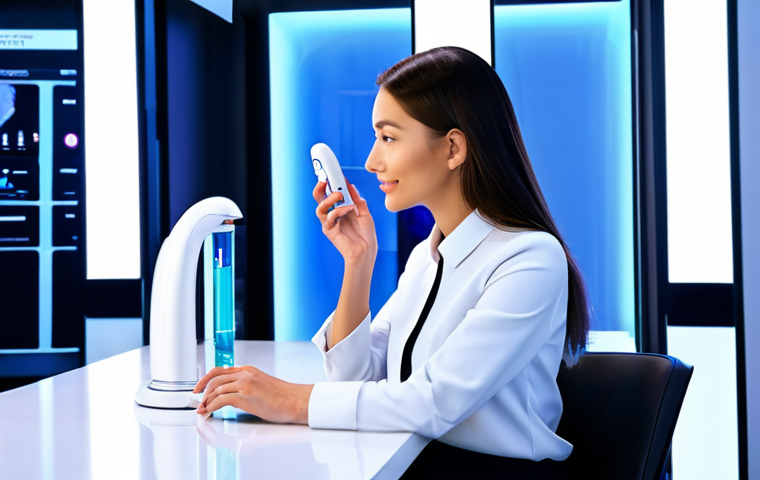 A professional woman, fully clothed in a modest business casual outfit, interacts with a futuristic AI skin analysis device at a personalized beauty counter. Her face is gently illuminated by a soft, advanced scanner, while a small, elegant robotic arm in the background precisely dispenses a custom-formulated product into a sleek bottle. The environment is a clean, modern beauty tech lab with glowing screens and ambient lighting, emphasizing precision and innovation. The overall image conveys a sense of cutting-edge technology enhancing personal care. Safe for work, appropriate content, fully clothed, professional, family-friendly, perfect anatomy, correct proportions, natural pose, well-formed hands, proper finger count, natural body proportions, professional photography, high quality.