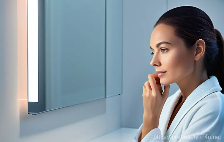 스마트 스킨케어 디바이스 - **Prompt 1: The Personalized Skin Diagnosis Experience**
    A woman in her late 30s, with a serene ...