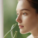 Home 14 뷰티 제품의 지속 가능성 - **Prompt:** A serene, naturally lit close-up of a young woman (20s-30s, modestly dressed in soft, li...