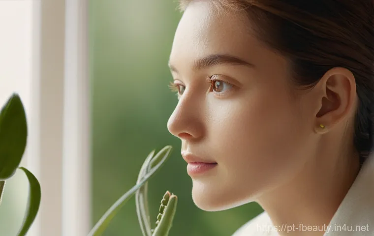 뷰티 제품의 지속 가능성 - **Prompt:** A serene, naturally lit close-up of a young woman (20s-30s, modestly dressed in soft, li...