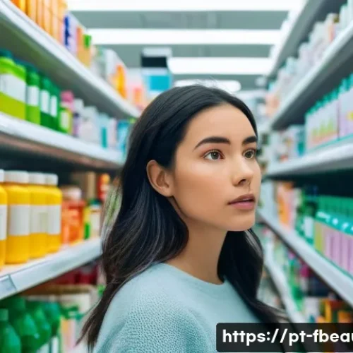 Home 24 뷰티 제품의 사용자 맞춤화 - **Prompt:** A young woman in her late 20s stands in a brightly lit, generic pharmacy aisle, her expr...