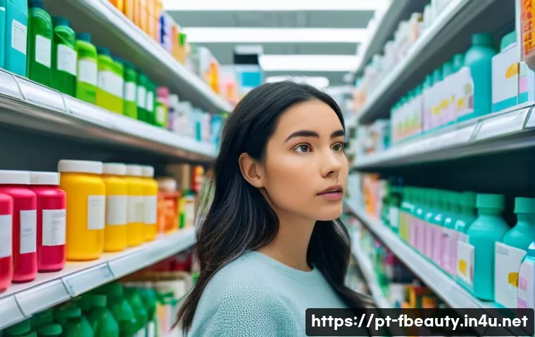 뷰티 제품의 사용자 맞춤화 - **Prompt:** A young woman in her late 20s stands in a brightly lit, generic pharmacy aisle, her expr...