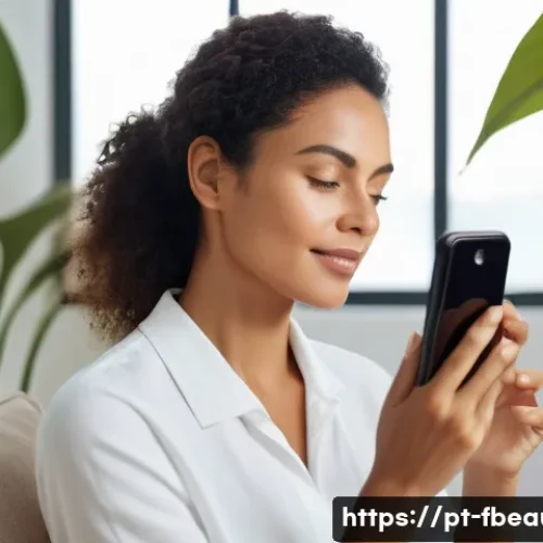 Home 11 AI 피부 진단 시스템 - A modern Brazilian woman in her 30s using a smartphone app for skin analysis at home, sitting comfor...