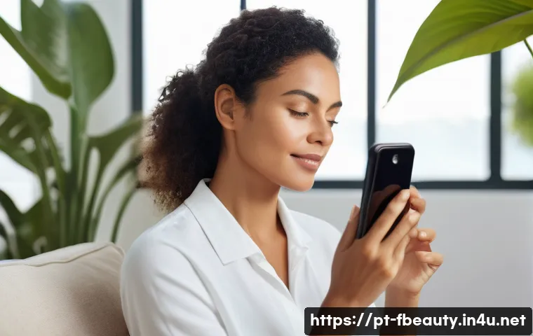 AI 피부 진단 시스템 - A modern Brazilian woman in her 30s using a smartphone app for skin analysis at home, sitting comfor...