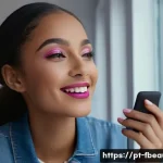 Home 20 AR 메이크업 튜토리얼 - A young Brazilian woman using a makeup augmented reality app on her smartphone, smiling as she virtu...
