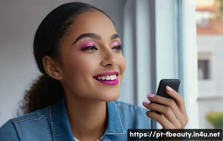 AR 메이크업 튜토리얼 - A young Brazilian woman using a makeup augmented reality app on her smartphone, smiling as she virtu...