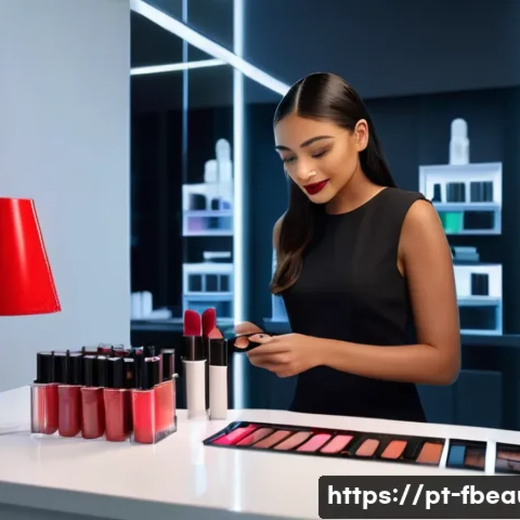 3D 뷰티 프린팅 - A modern beauty studio scene showcasing a professional makeup artist customizing a 3D-printed lipsti...