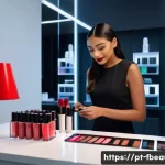Home 19 3D 뷰티 프린팅 - A modern beauty studio scene showcasing a professional makeup artist customizing a 3D-printed lipsti...
