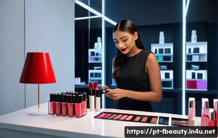 3D 뷰티 프린팅 - A modern beauty studio scene showcasing a professional makeup artist customizing a 3D-printed lipsti...