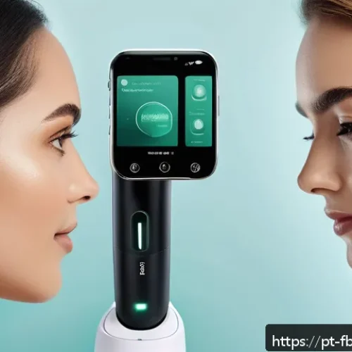 Home 17 뷰티 업계 디지털 혁신 - A high-tech Brazilian beauty clinic scene featuring a diverse group of women using advanced AI-power...