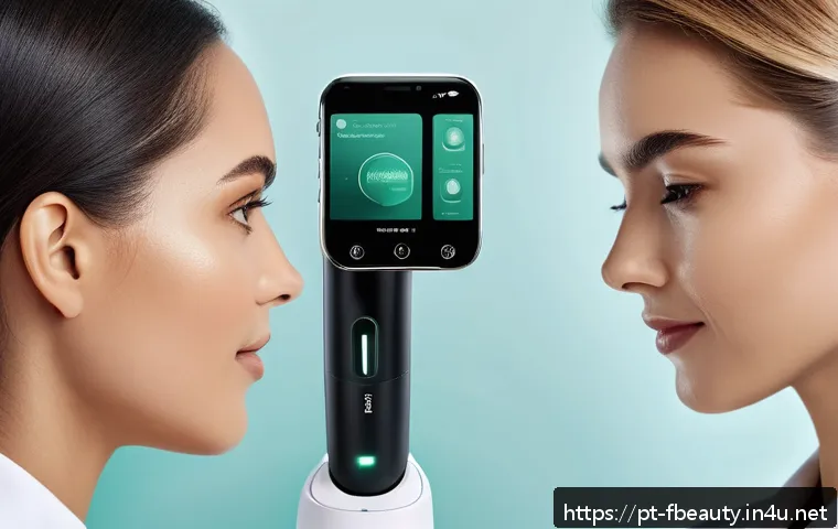 뷰티 업계 디지털 혁신 - A high-tech Brazilian beauty clinic scene featuring a diverse group of women using advanced AI-power...