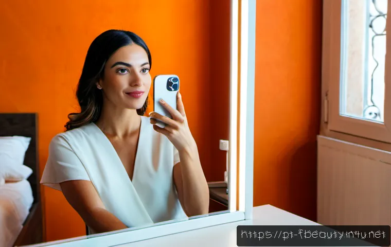 Home 17 증강 현실 AR 뷰티 - Photorealistic close-up of a Portuguese woman in her early 30s using an augmented reality beauty mir...