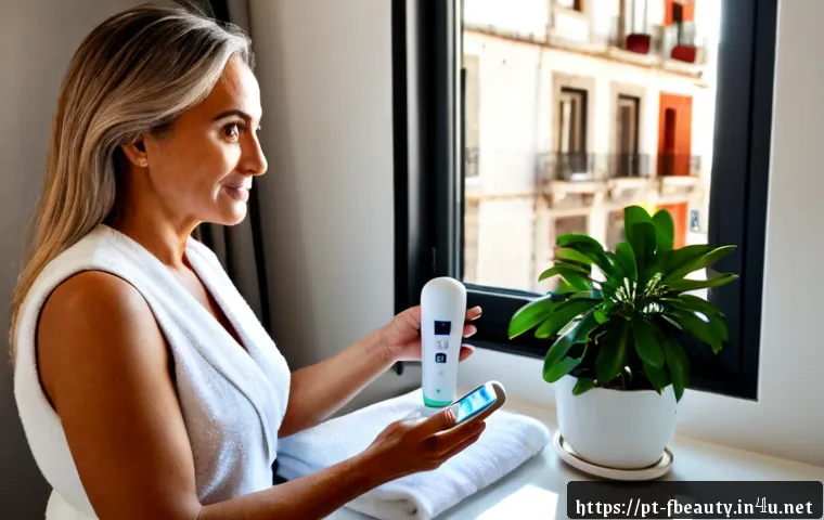 Home 17 스킨케어 기기 시장 동향 - Photorealistic beauty technology market scene in a bright modern Lisbon apartment, a middle-aged Por...